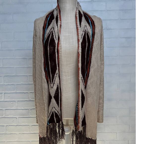 Double Zero Boutique Loose Knit Drape Open Southwestern Tan Sweater -sz M - Picture 1 of 7